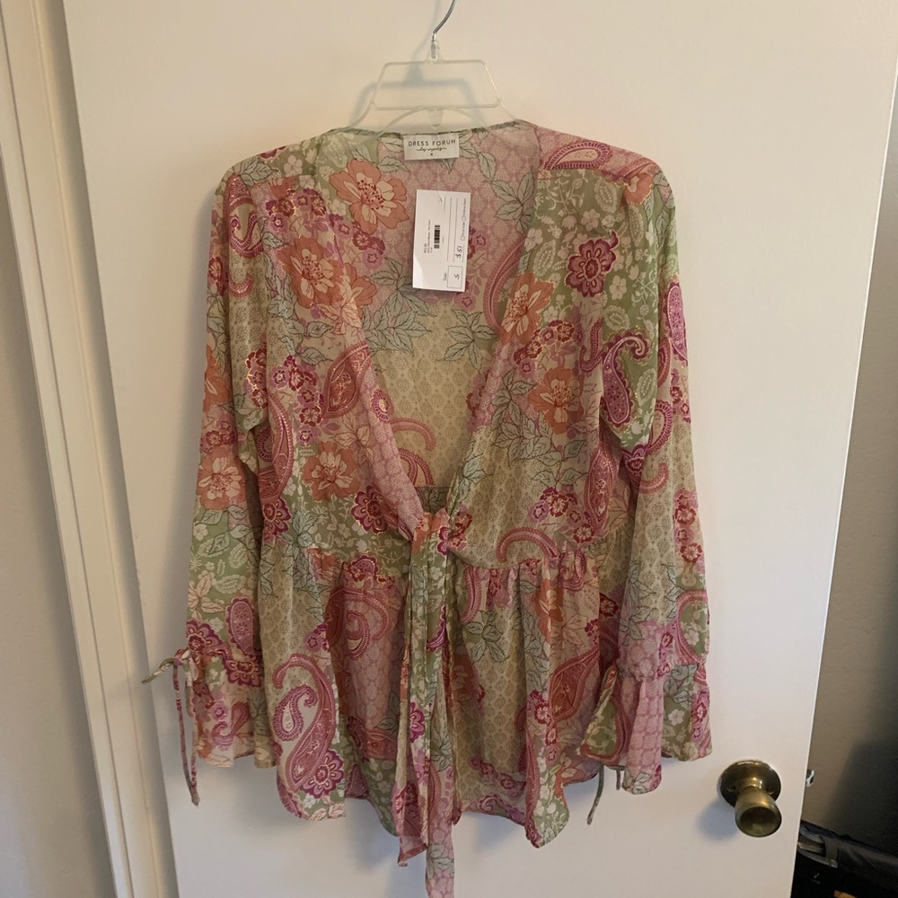 Dress Forum sheer,multi colored boho style blouse with tie.